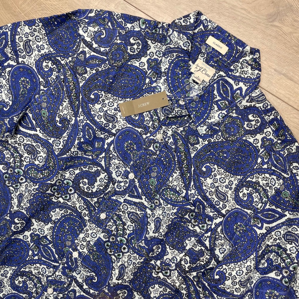 J.Crew Button Down Shirt Mens L Blue Paisley Classic Fit Short Sleeve BZ968